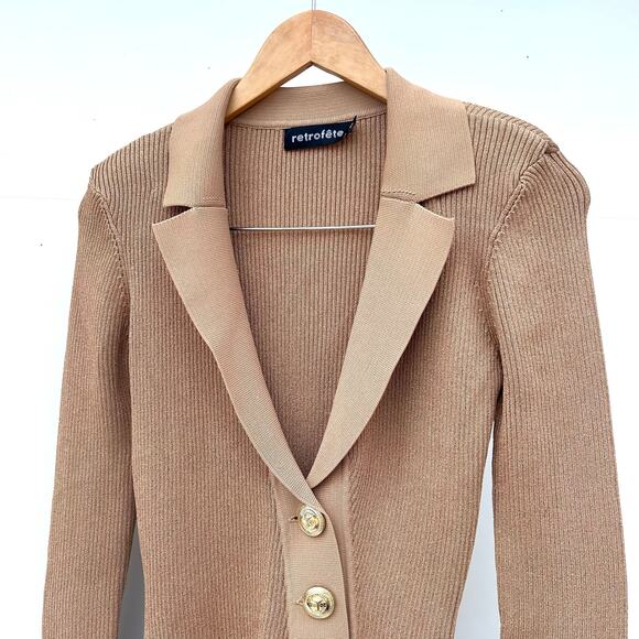 Retrofête Mimi Rib Knit Button Front Collared Mini Dress Nude Small Tan Stretch - Picture 5 of 9